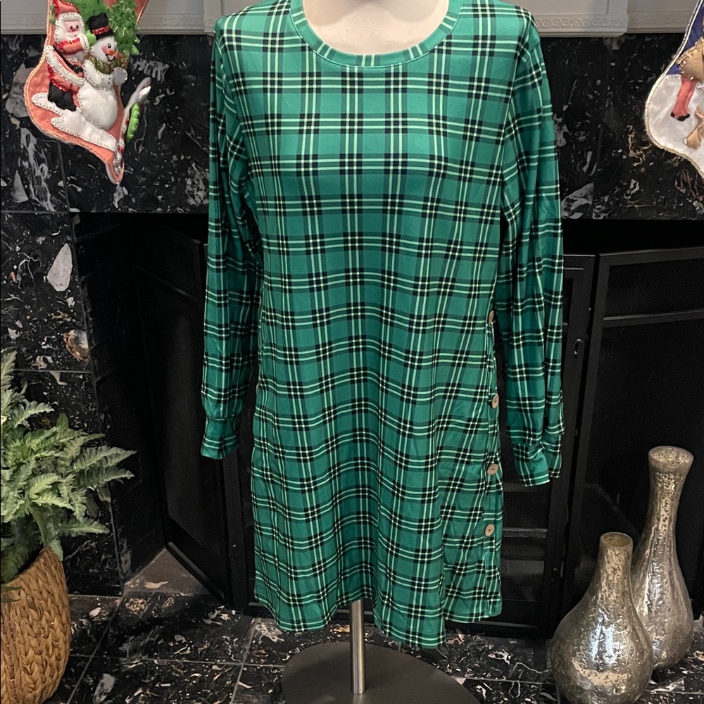 Green Plaid Long Sleeve Dress